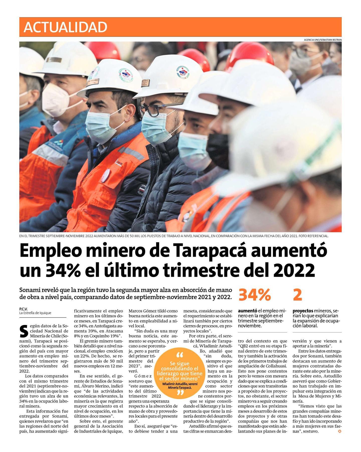 Empleo minero de Tarapacá aumentó un 34% el último trimestre del 2022 -  SONAMI :: Sociedad Nacional de Minería - Chile